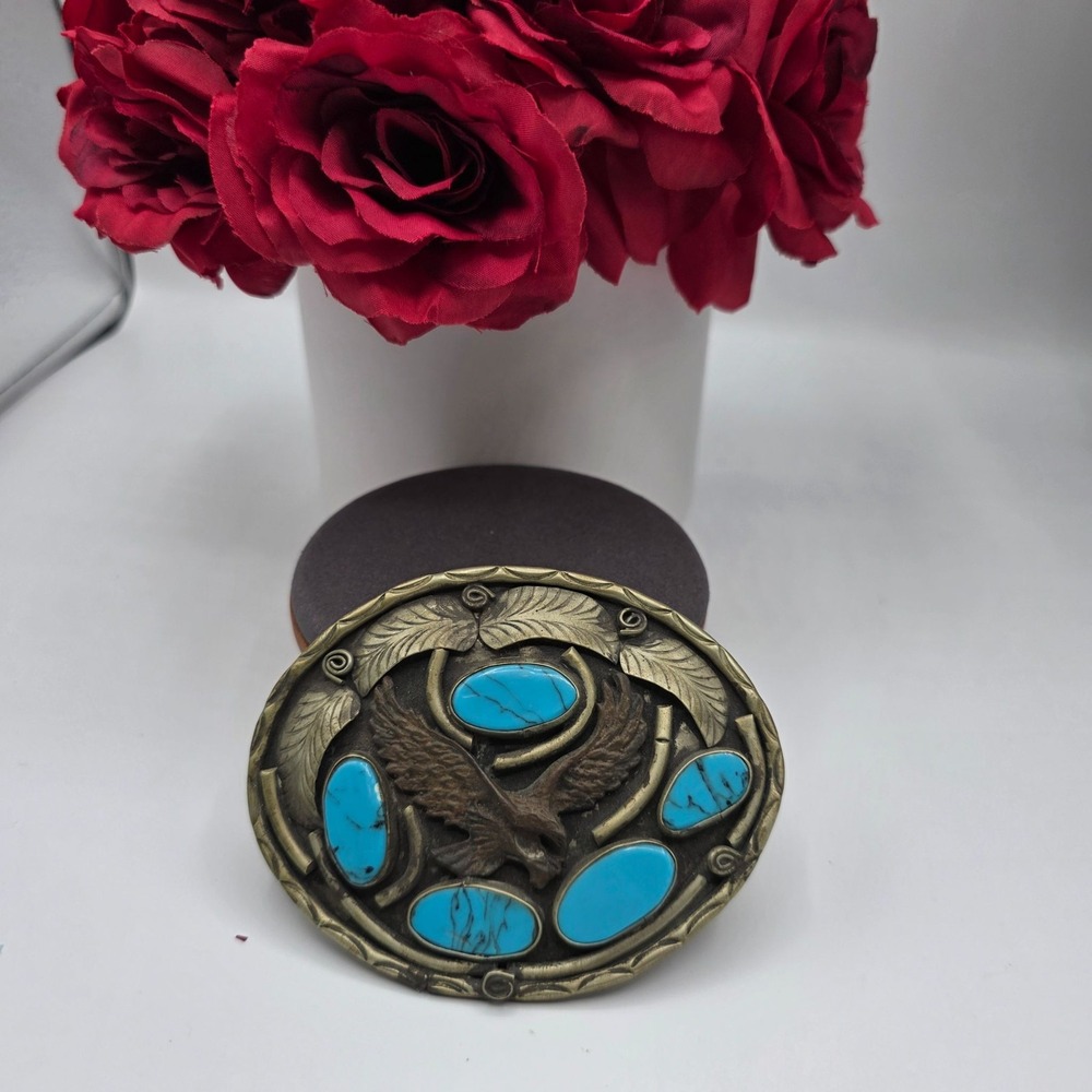 Vintage Navajo SS‎ Mark Eagle Belt Buckle Turquoise Stones Brass Tone Western